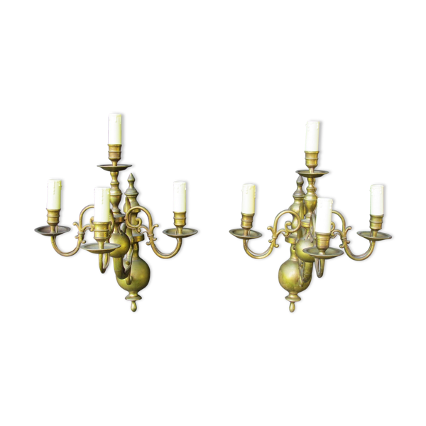 Appliques murales en laiton flamandes antiques à 4 branches 1920