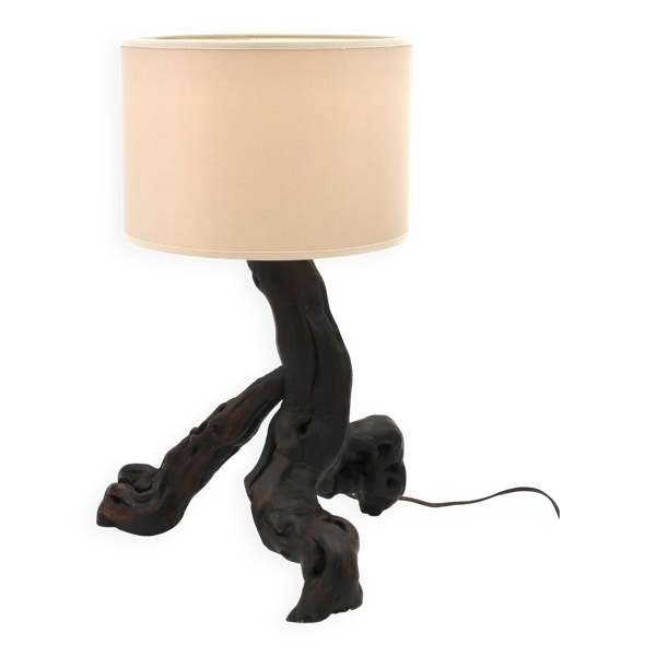 Lampe brutaliste tripode en bois, années 70