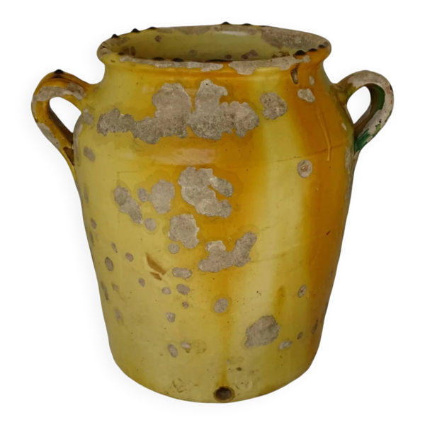 Grande vinaigrette ancienne française à glaçure jaune et verte à motif de pot à confit