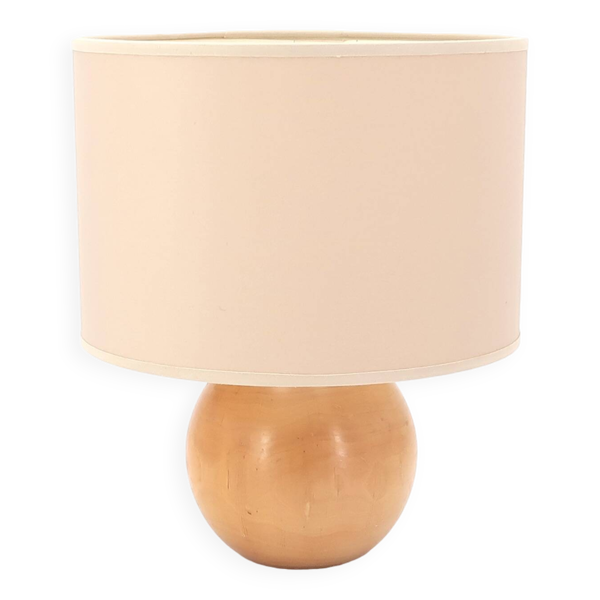 Lampe boule en bois, abat jour beige, années 70