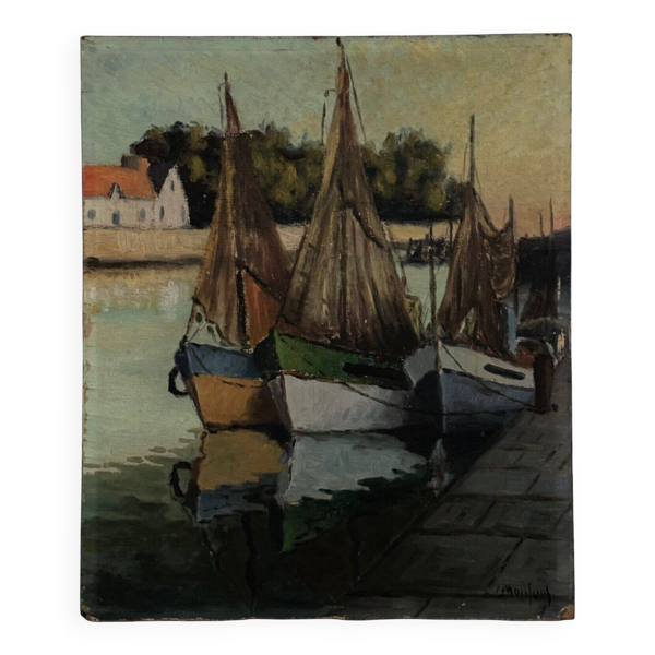 Huile sur carton bateaux de pêche à quai XXe par Moufunt