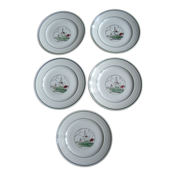 Lot de 5 assiettes à dessert anciennes St Amand décor Flandres