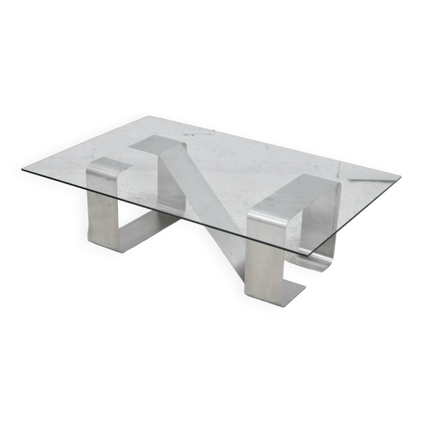 Table basse piètement acier "cinétique" et dalle de verre. Circa 1970.