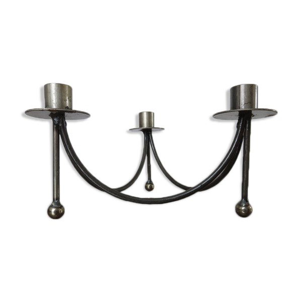 Bougeoir tripode en acier brut pour 3 bougies années 70 - Bon état sur Selency