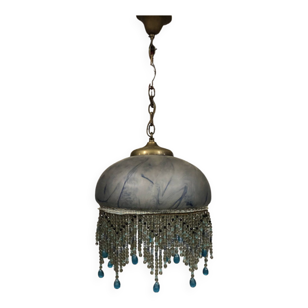 Lustre bleu verrerie de vianne pour suberville h 20cm diamètre 30cm avec chaînette bronze