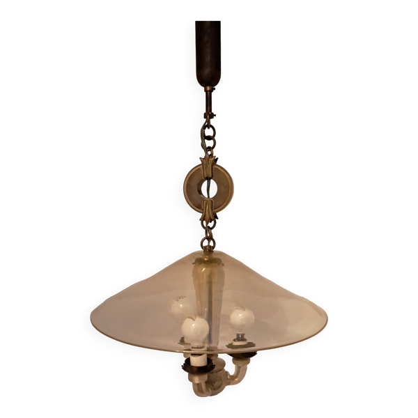 Lustre à 3 feux en verre de Murano et laiton doré 1940. - Bon état sur Selency