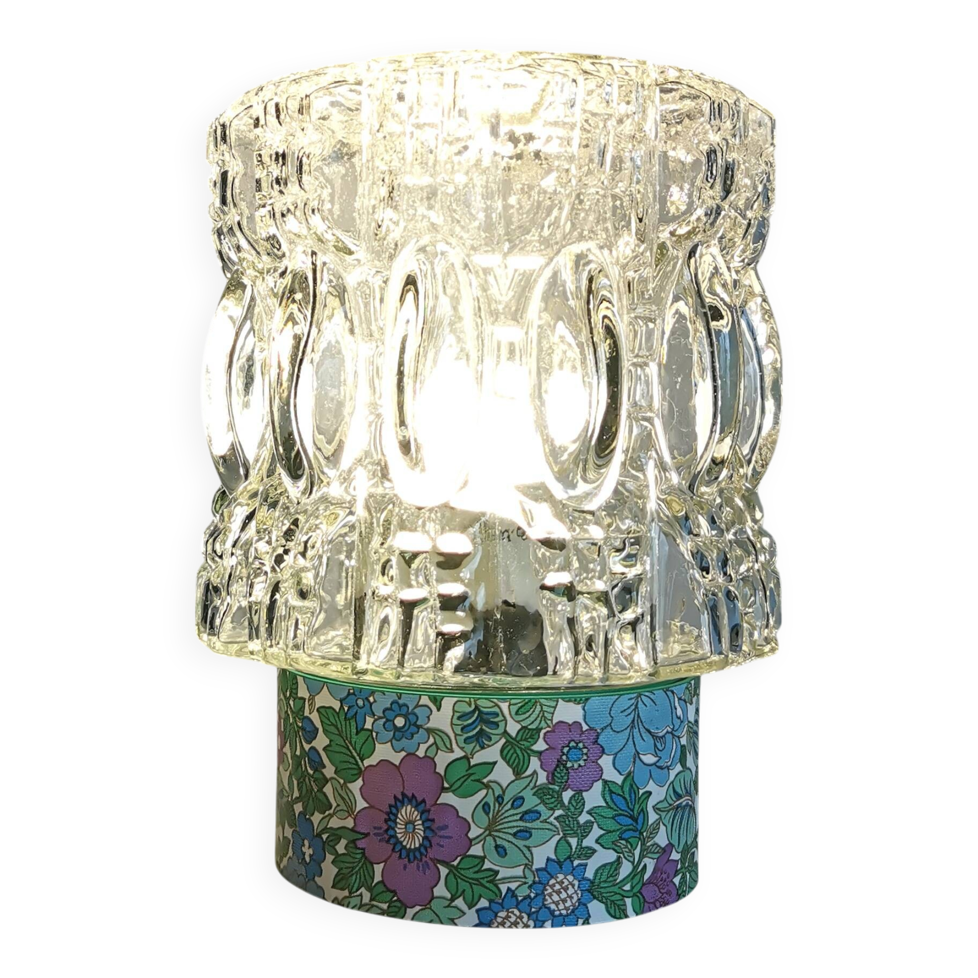 Lampe salon chevet bureau vintage verre transparent fleurs violet bleu vert