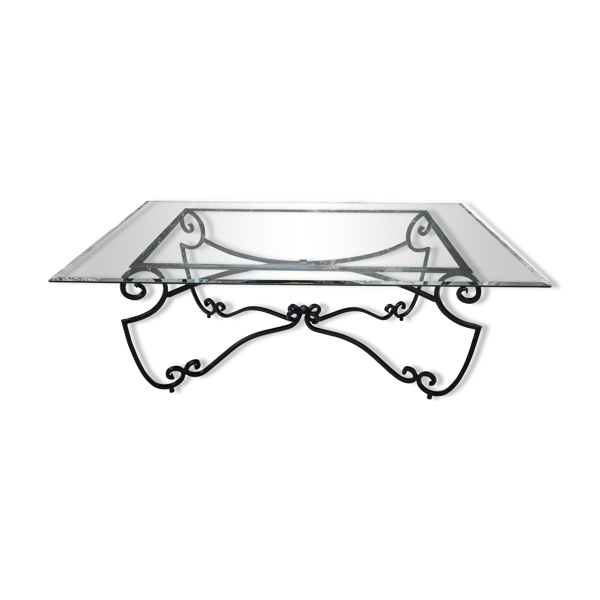 Grande table rectangulaire en fonte de fer et plateau en verre - Bon état sur Selency