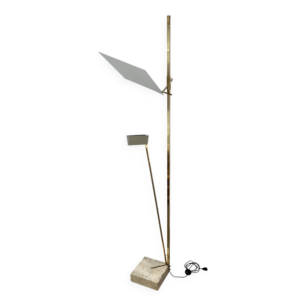 Lampadaire design années 70, laiton et travertin, Hollywood Regency