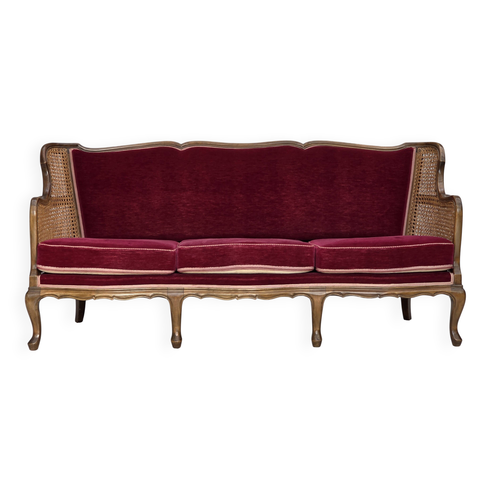 Canapé 3 places danois des années 1950, en velours, bois de frêne et maille.