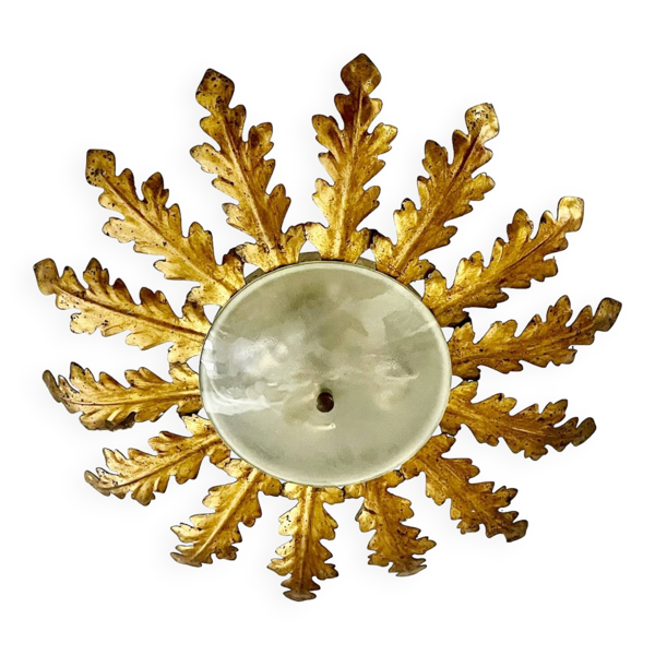 Lustre plafonnier soleil dorée métal verre, 1960s