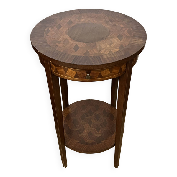 Guéridon / Selette ronde en marqueterie de bois - Bon état sur Selency