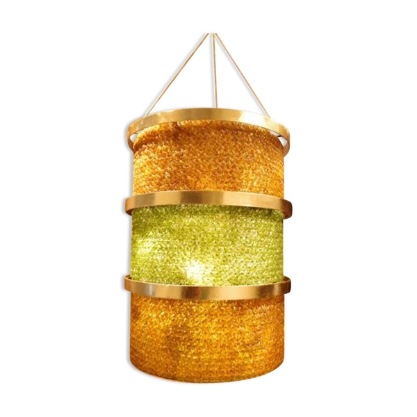 Suspension  en fer doré et pampilles de verre coloré circa 1950