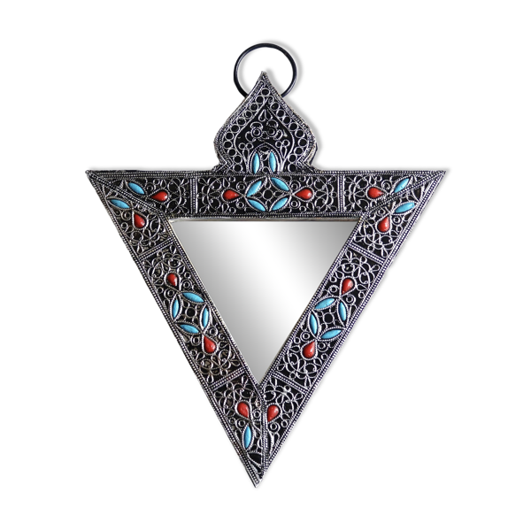 Miroir triangulaire en métal argenté et perles, années 80 - Bon état sur Selency