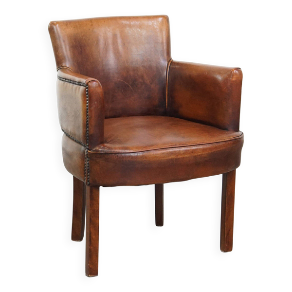 Chaise de salle à manger/d'appoint en peau de mouton couleur cognac avec accoudoirs