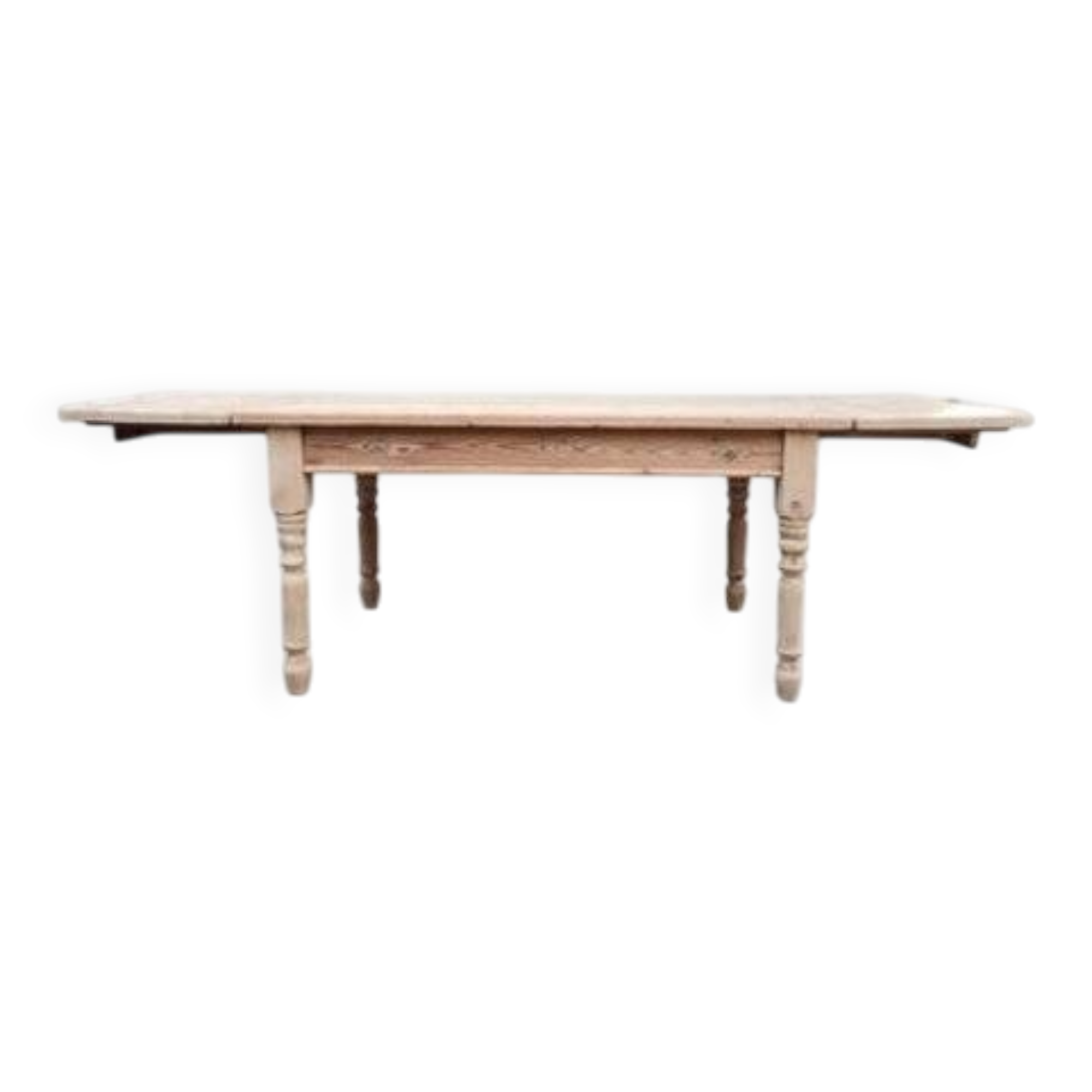 Table en bois vintage – pieds tournés, 2 rallonges
