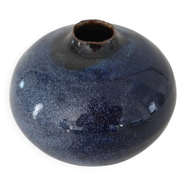Vase Boule bleu en céramique émaillée signé pictogramme (Signature à identifier) Bon état -  reconditionné (offre indisponible)