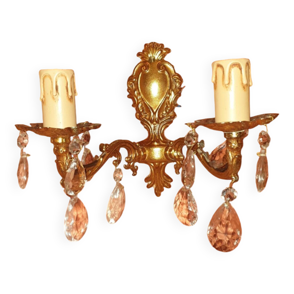 Applique style Louis XV Bronze doré Vintage des années 1920, pampilles Goutte Cristal, style Baroque