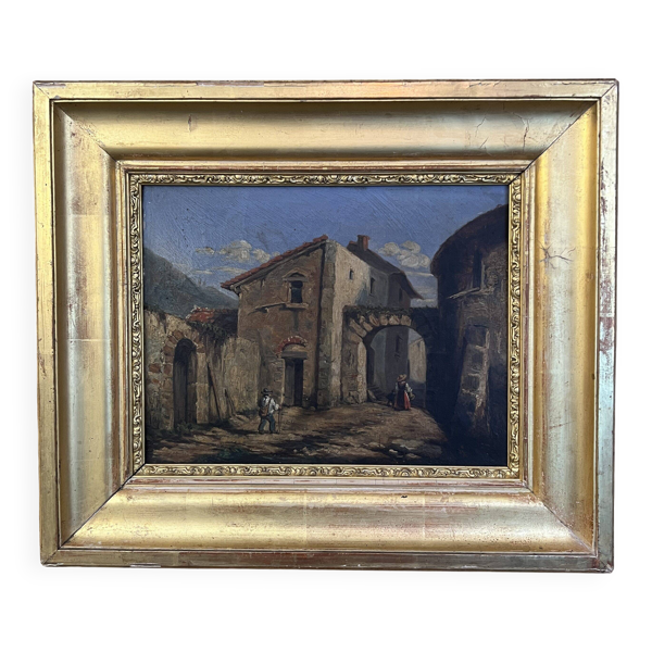 Tableau du XIXe siècle, huile sur toile, décor d’intérieur d’un village animés