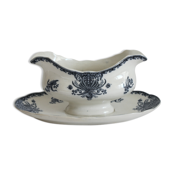 Saucière en terre de fer décor palmettes bleues - Bon état sur Selency