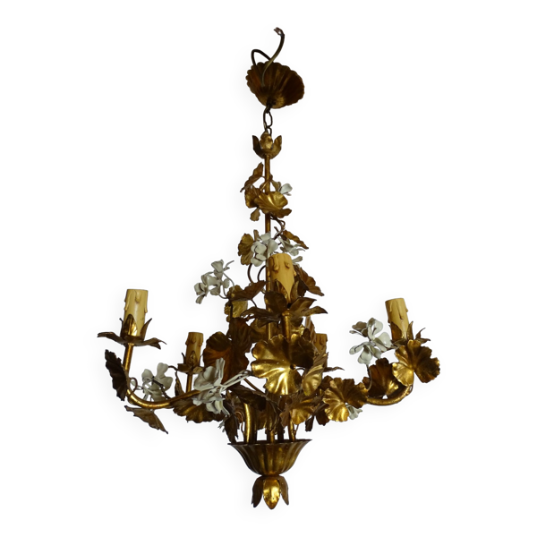 Lustre Hans Kogl feuilles dorée et émaillée 1960